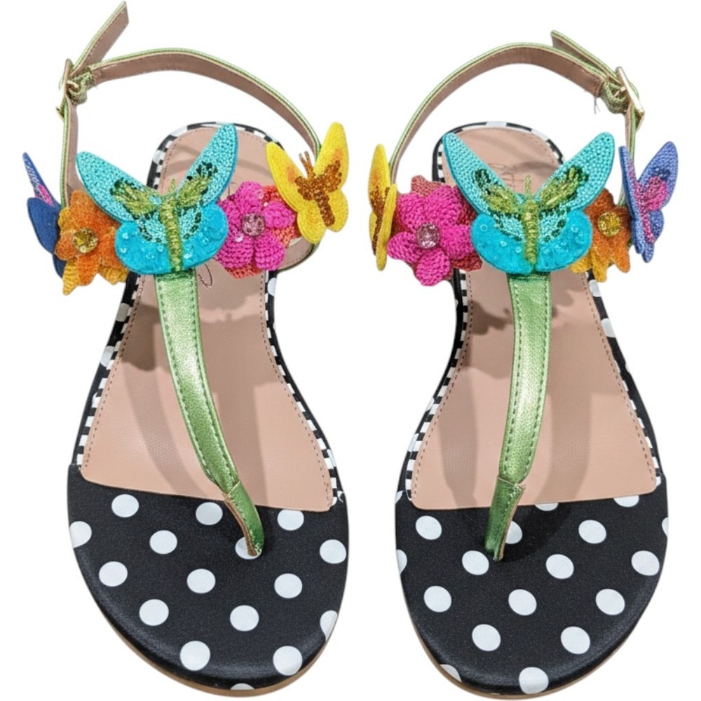 Betsey Johnson Halie Butterfly Floral Polka Dot Sandals Black Multi Size 7 NIB